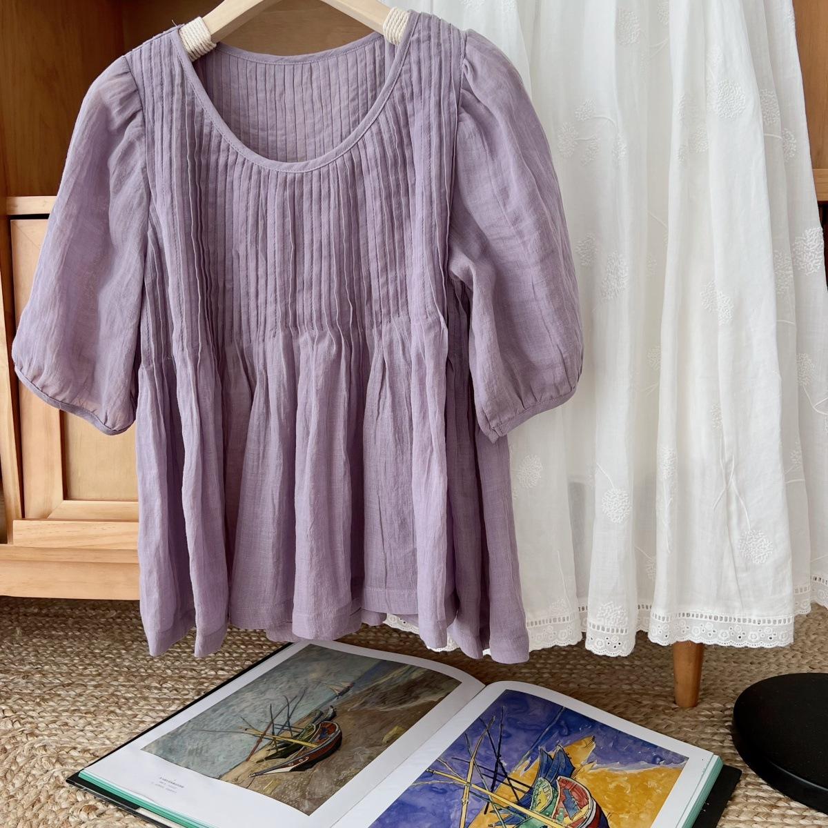 

Heavy industry pleated five-quarter sleeve crew neck cotton and linen shirt women s 2025 summer new age-reducing solid color pullover 2XL фіолетовий