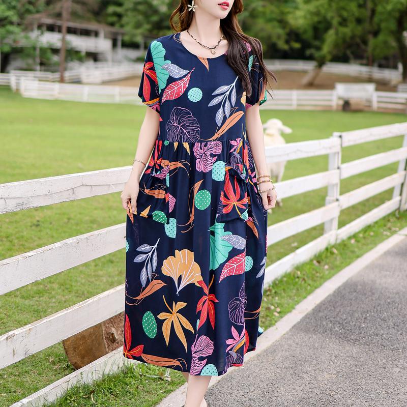 Vintage Print Lange Jurken voor Vrouwen Plus Size Korte Mouw Casual Zomerjurk Elegante Middelbare Leeftijd Dameskleding