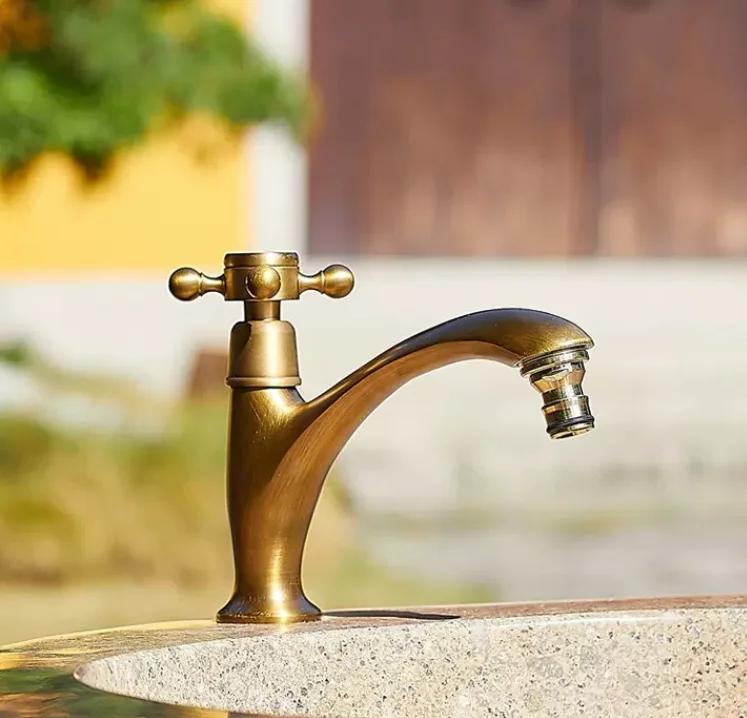 Antique brass single cold outdoor wash basin faucet anti-freezing cracking marble stone basin outdoor balcony courtyard