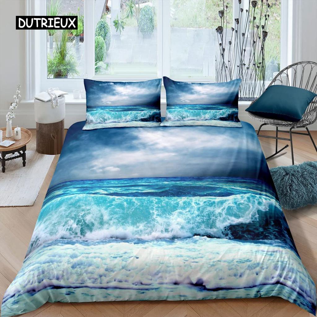 Ozeanwellen Bettbezug-Set Strand mit schäumenden Wellen Einzelbettwäsche-Set Polyester Meeresküste Urlaubsthema Queen King Size Bettdeckenbezug
