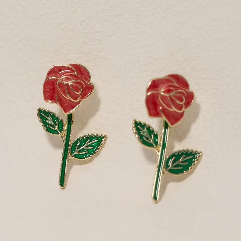 Sweet Cute Red Apple Shaped Earrings For Women Full Rhinestone Strawberry Rose Flower Green Leaf Earring Wedding Party Jewelry
