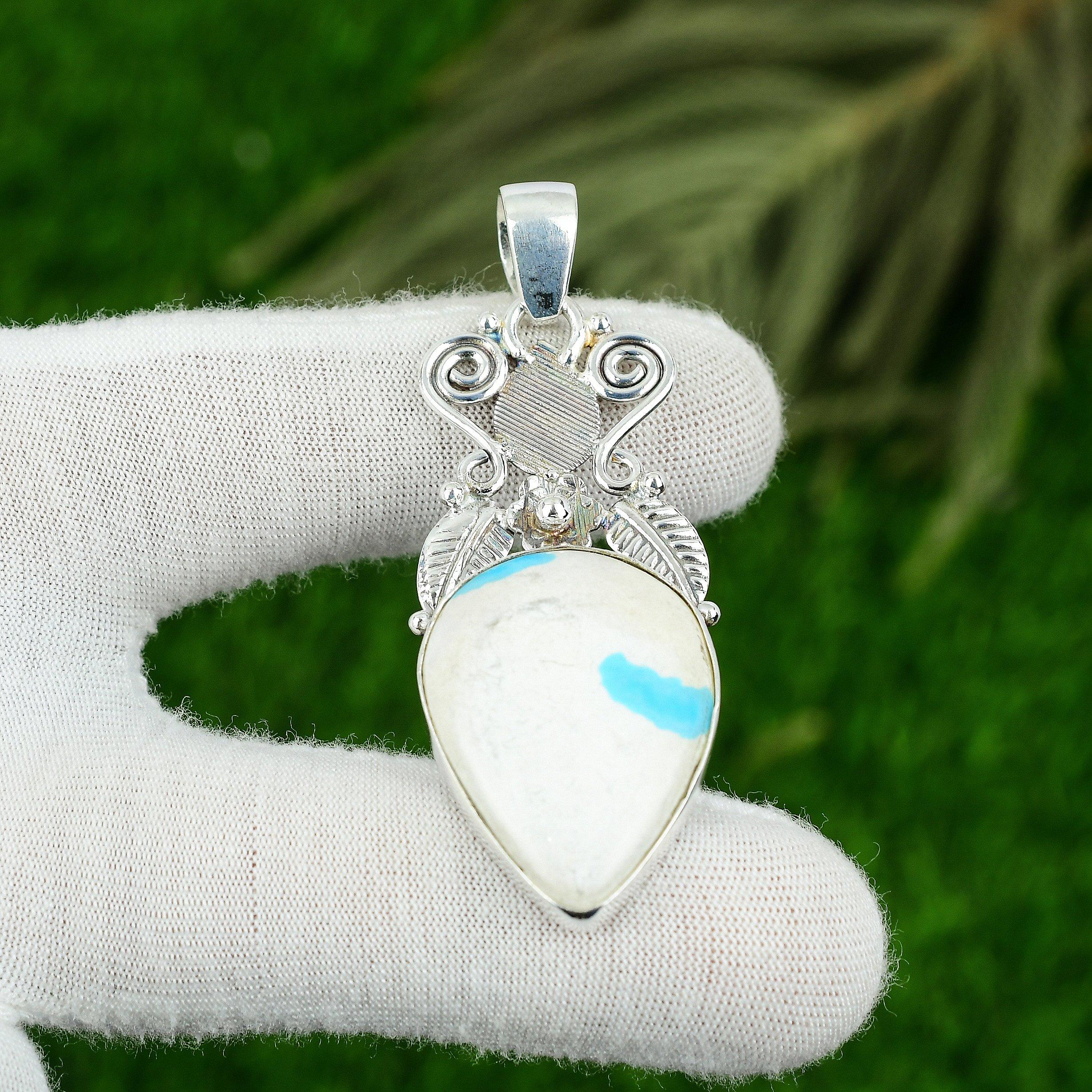 Sterling Silver Pear Arizona Turquoise Stone Daughter Bezel Artisan Boho Pendant