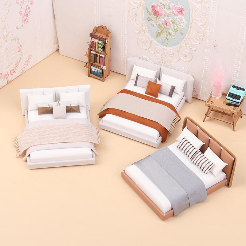 Dollhouse New Cream Style Double Bed Model Micro Scene Model Miniature Furniture Dolls Accessory Simulated Furniture Ornament