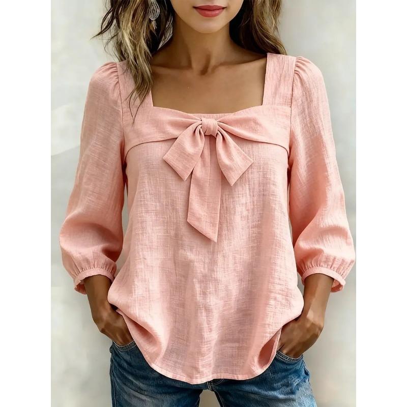 TIFICY Women's Fashion Casual Spring Autumn Solid Color Print Long Sleeve Square Collar Blouses & Shirts
