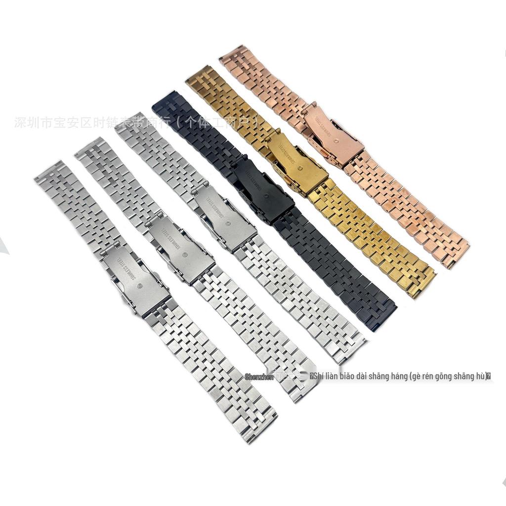 Men's Stainless Steel Watch Band with Double Safety, Flat-End, Solid, Five-Bead Design (Sizes: 18-24mm)