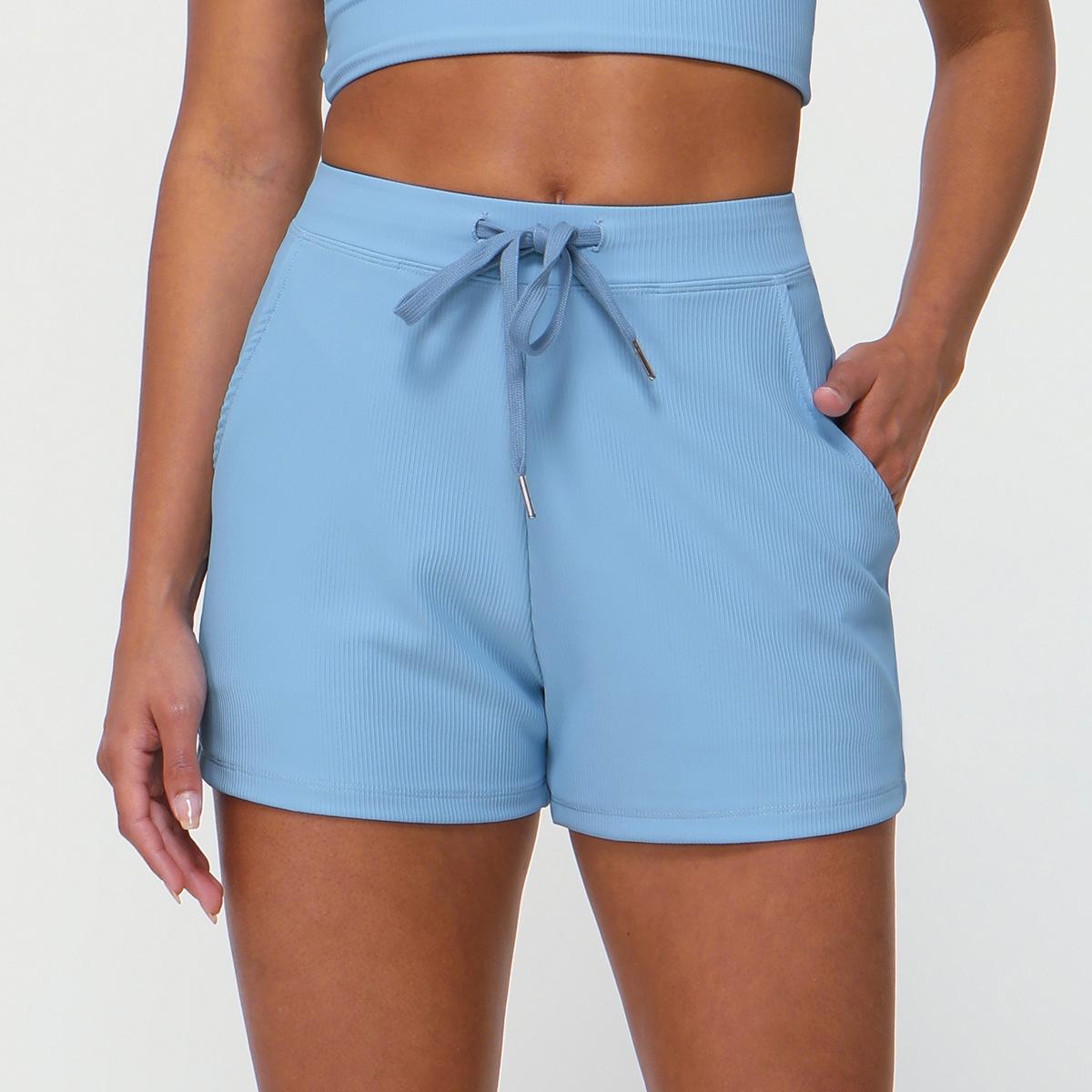 Women s Drawstring Waist Ribbed Casual Shorts Loose Fit Yoga Running Shorts with Pockets S светло-синий