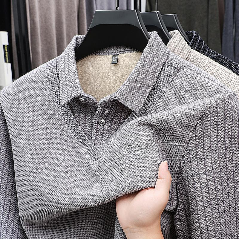 Winter Vacation Two Sweaters Men'S Polo Shirt With A Collar And Long Sleeves, Thick And Warm Base Shirt