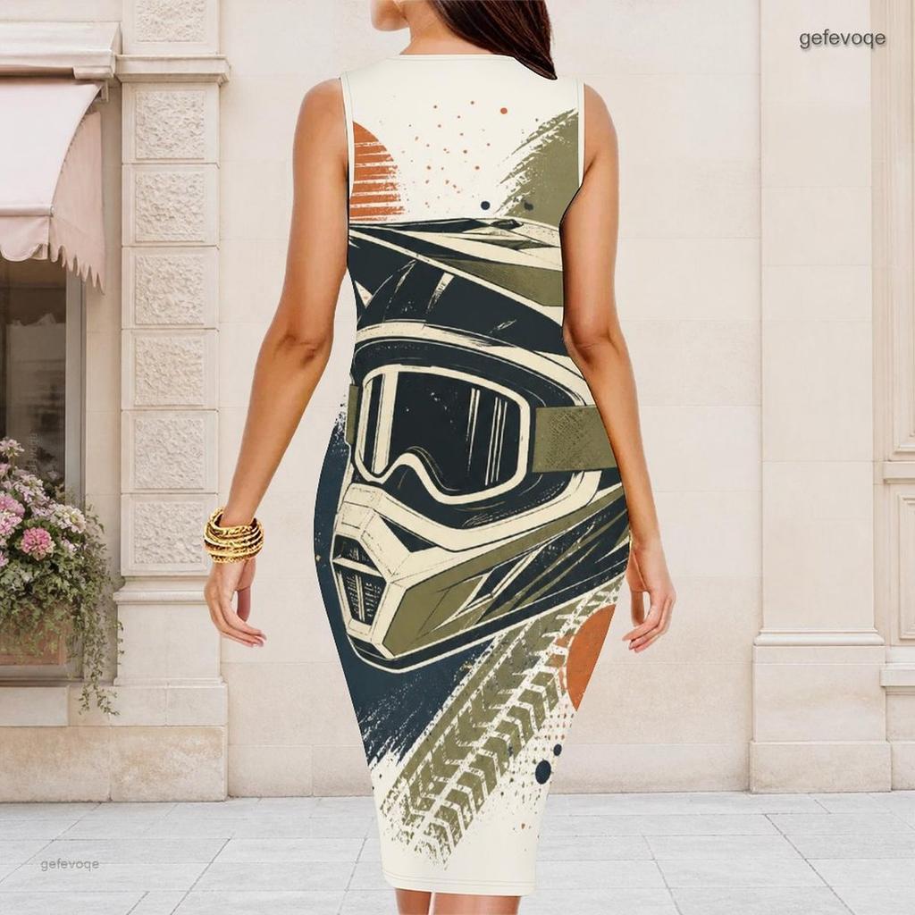 Women Plus Size Round Neck Sleeveless Cartoon Bulldozer Printed Bodycon Midi Dress
