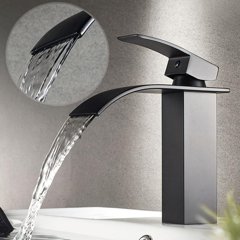 Matte Black Basin Faucet Deck Mounted Single Lever Bathroom Crane Waterfall Brass Bathroom Tap Hot and Cold Water Mixer Taps