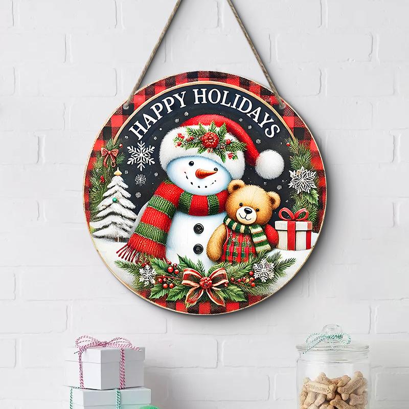 7.9" Christmas Wreath Centerpiece Decoration Wooden Round Holiday Wall Door Hanging Ornament Snowman Christmas Home Decor