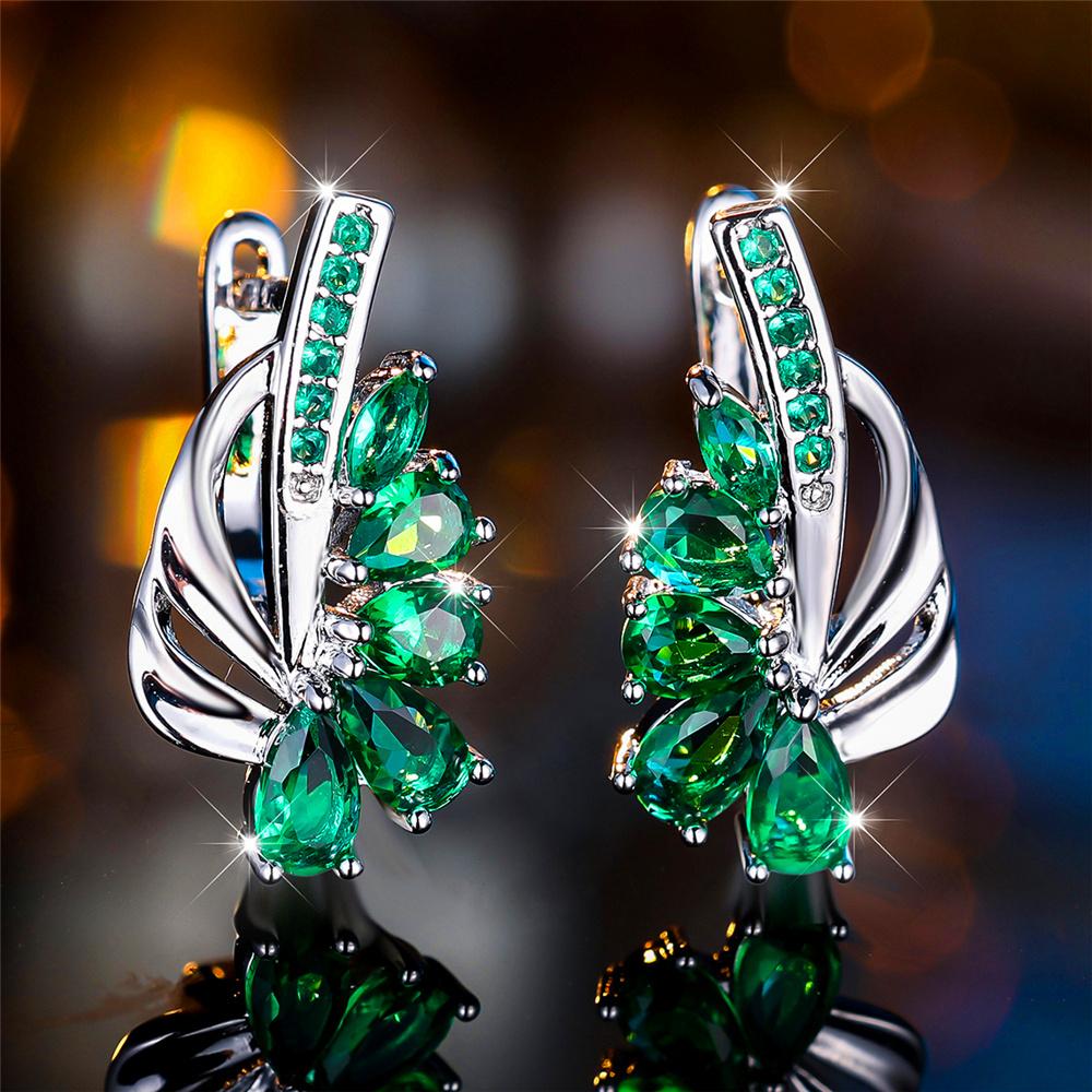 Luxury Female Blue Green Clip Earrings Charm Gold Color Trendy Zircon Stone Wedding  For Women