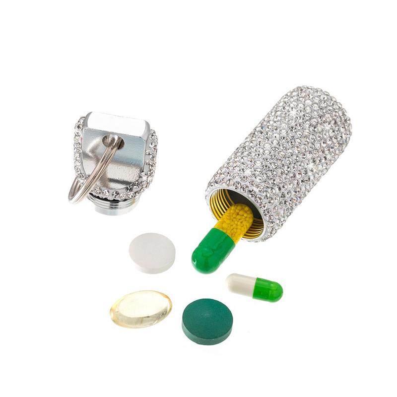 Keychain Pill Box Small Travel Pill Case Organizer Crystal Diamond Medicine Bottle Pill Bottle Keychain
