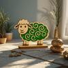 Wooden Sheep Figurine with Green Swirl Design On Stand –Cute Farm Animal Home Decor Accent for Nursery Living Room Tabletop Gift