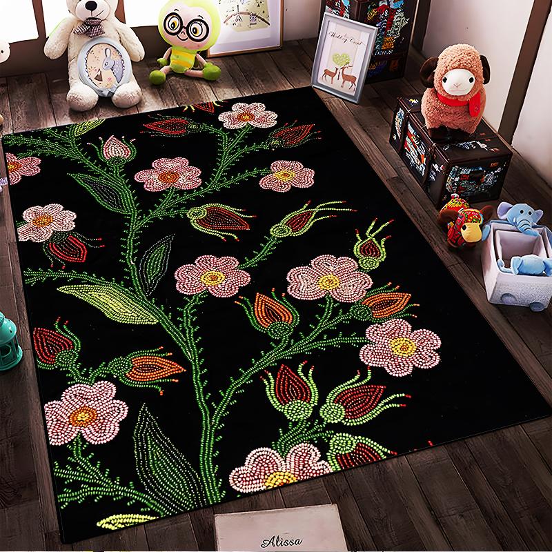 Colorful Floral Carpet with Dot Art Design On Black Background Suitable for Use As an Anti-slip for Living Room Bedroom Sofas