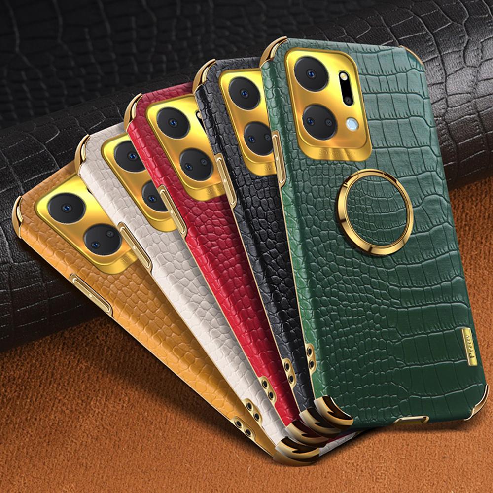Crocodile Texture Phone Case for Honor X7a 4G/5G,PU Leather Coated TPU 6D Electroplated Cover with Ring Kickstand
