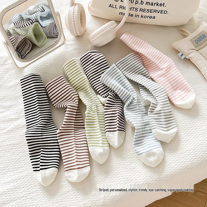Striped Mid-Calf Maternity Socks, Summer Thin & Boneless, Wide Opening, Pure Cotton, Versatile Slouch Socks for Pregnant Women & Students