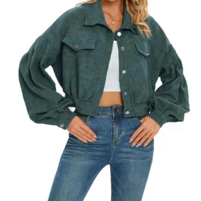 

Женские винтажные повседневные однотонные куртки и пальто с воротником-поло с длинными рукавами и осенне-зимним принтом L зелёный