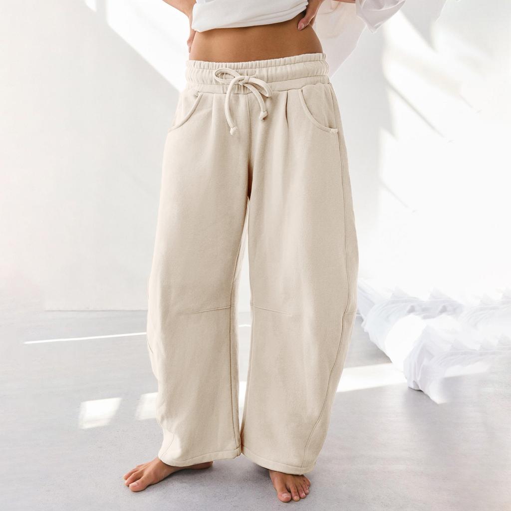 Women's Barrel Leg Sweatpant Drawstring Elastic Waisted Wide Leg Pants Casual Cotton Palazzo Trousers With Pockets