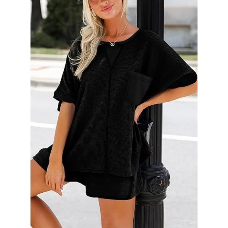 Women's Summer New Waffle Loose Five-quarter Sleeve Pocket Round Neck Patchwork T-shirt