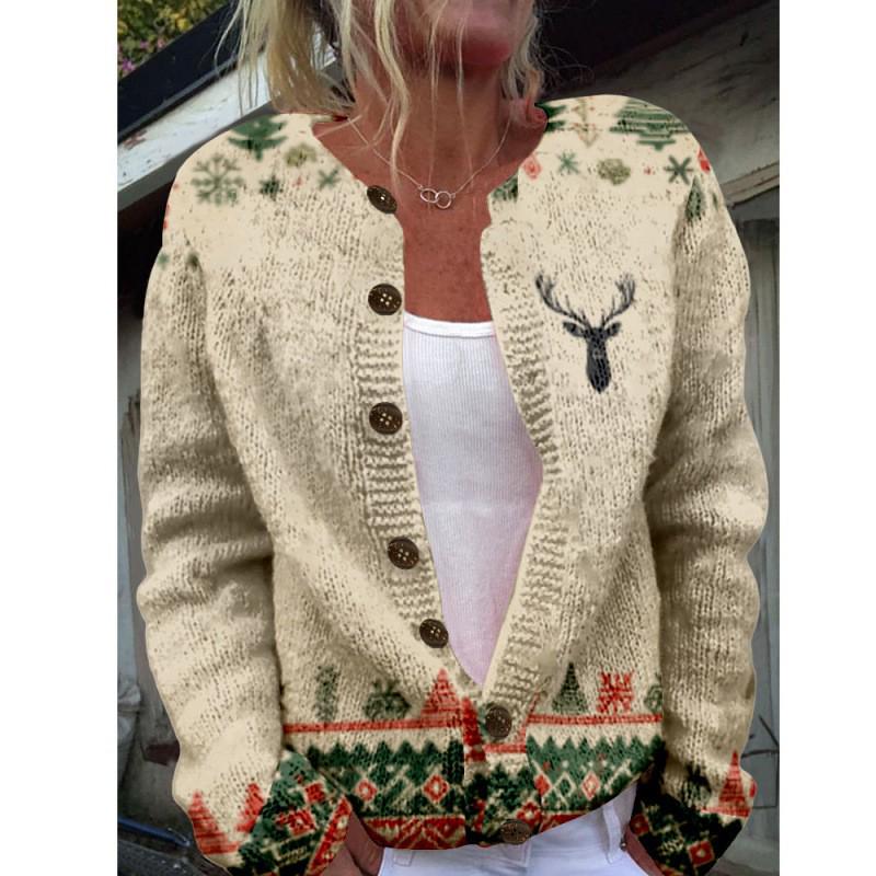 2025 Autumn/Winter Animal Print Round Neck Cardigan Sweater