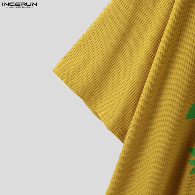 INCERUN Oversized Men Round Neck Short Sleeve 3D Flower Print Stitching Casual Rib T-shirts Tops