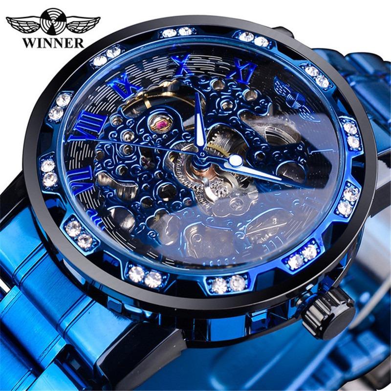 Winner One Winner Herren Mode Lässig Skelett Strass Manuell Mechanische Uhr für Herren Trendig