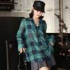 Mall 1116 Women's Spring and Autumn New Fashion Loose V-Neck Boyfriend Wind Pleated Plaid Long Sleeve Shirt 111