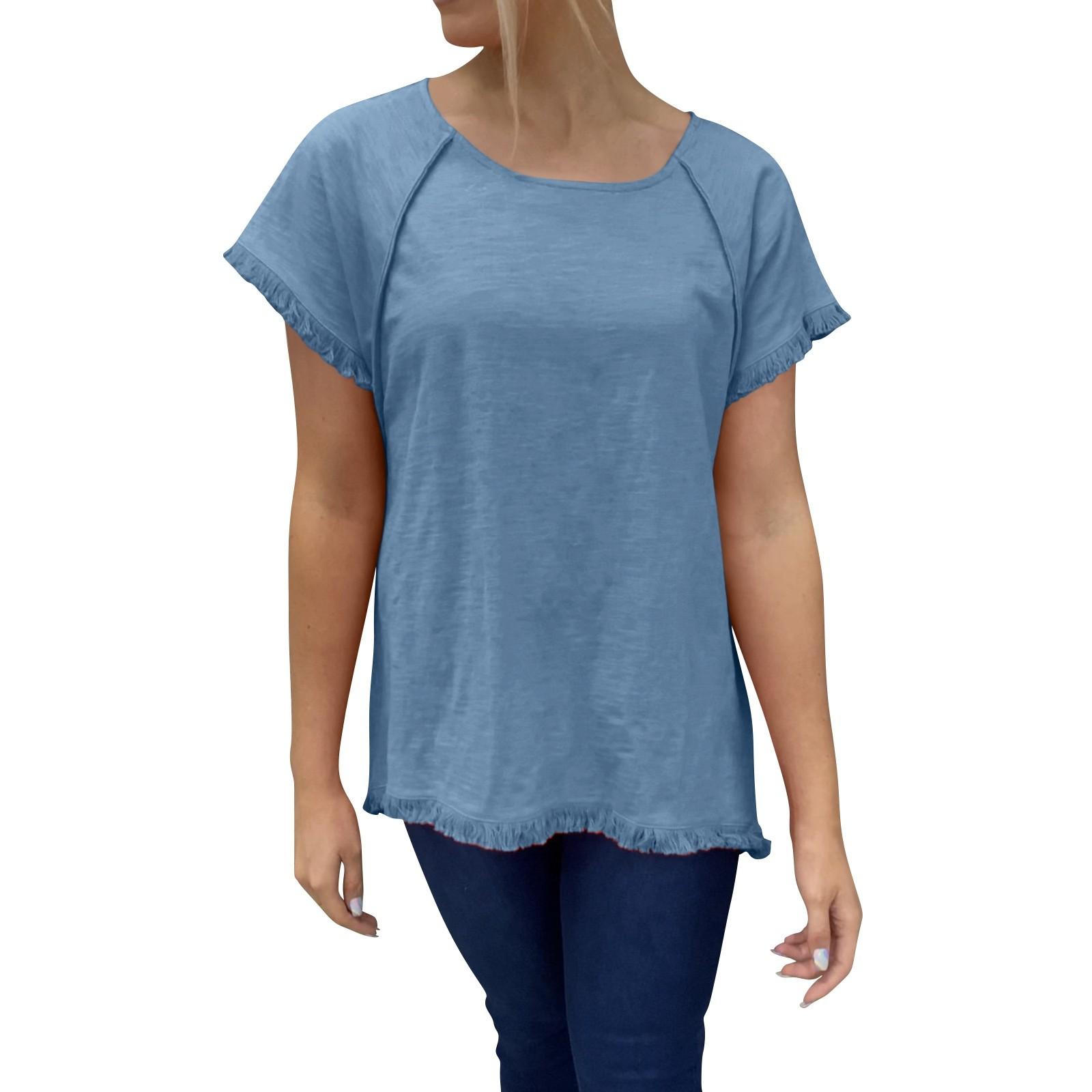 

Женский топ, однотонная хлопковая футболка с кисточками и короткими рукавами с круглым вырезом L синий