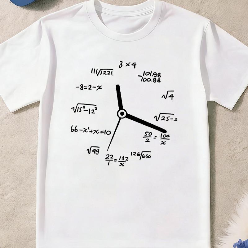Children Crew Neck Short Sleeve T-Shirt with Math Formula Clock Print