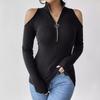 Elegant Women's Solid Color Pit Free Zipper Stand Collar Off-shoulder Long-sleeved T-shirt Slimming Top
