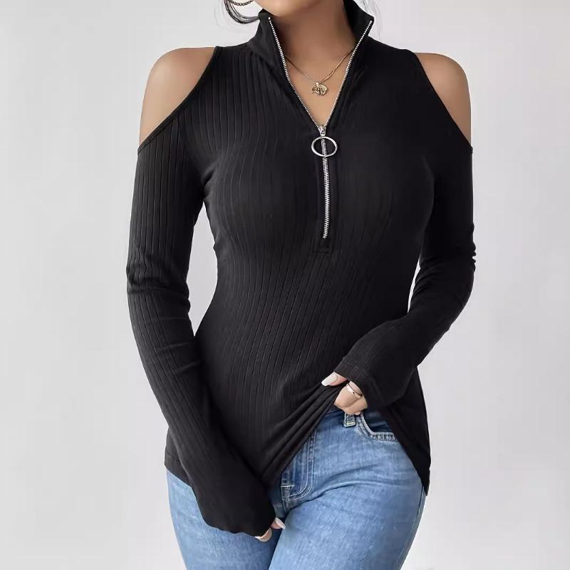 Elegant Women's Solid Color Pit Free Zipper Stand Collar Off-shoulder Long-sleeved T-shirt Slimming Top