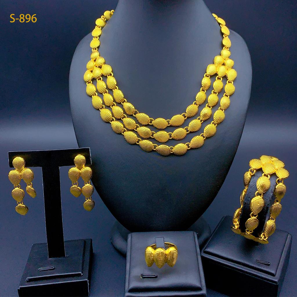 2026 Summer Dubai 24k Gold Bridal Jewelry Set Necklace Earrings Bracelet Ring Middle East Africa