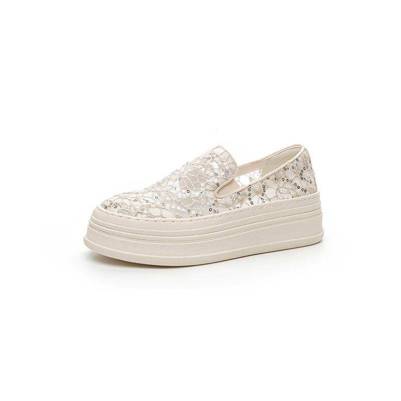Women's Summer New Mesh Shoes Thick-soled Breathable and Heightened Mesh Yarn One-pedal Lace Sequined White Shoes