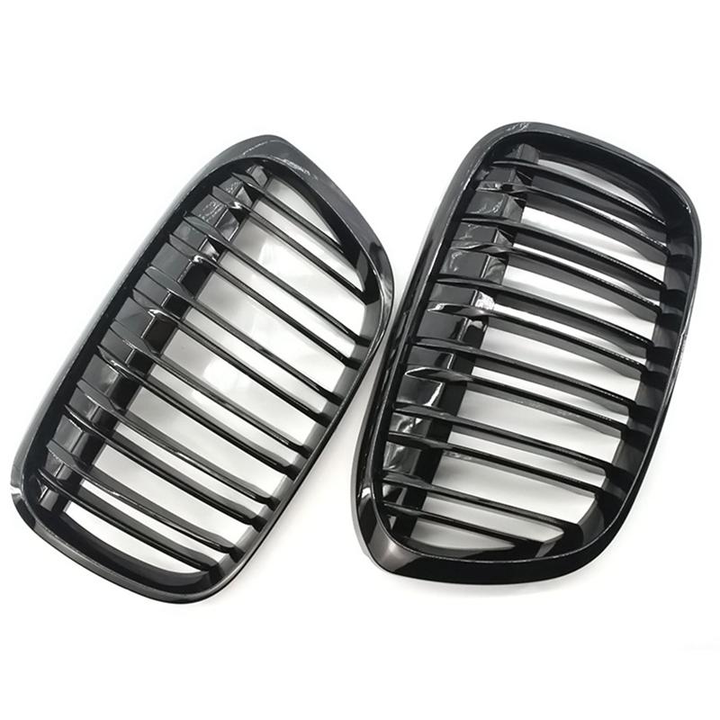 Car Front Bumper Grille For BMW X1 F48 F49 2016-2018 Double Line Gloss Black- Part Numbers 51117383363, 51117383364