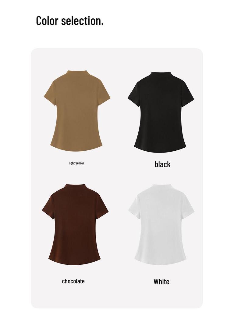 Damen High-Neck Kurzarm Schlankmachendes T-Shirt - Unifarbenes Überziehshirt