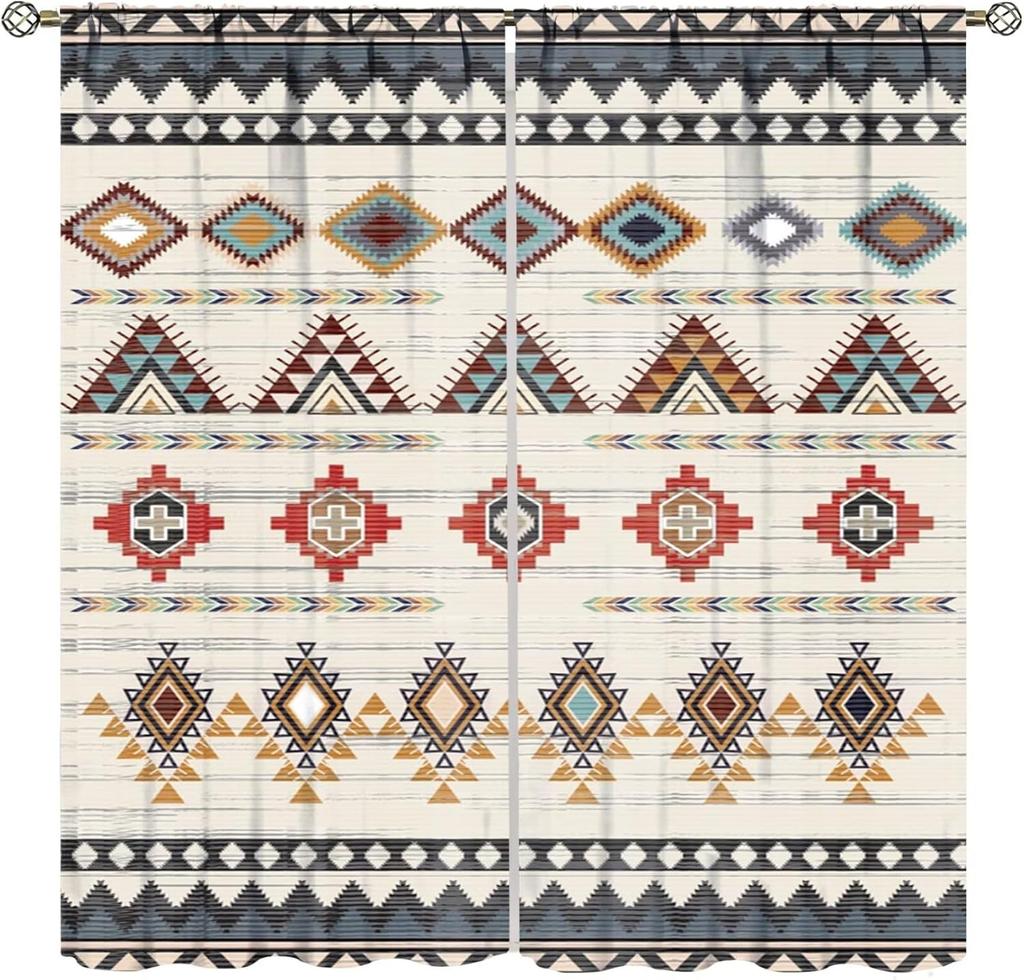 Tribal Geometric Pattern Curtains,Traditional Southwestern Style Aztec Window Treatments for Bedroom Living Room,Minimalist