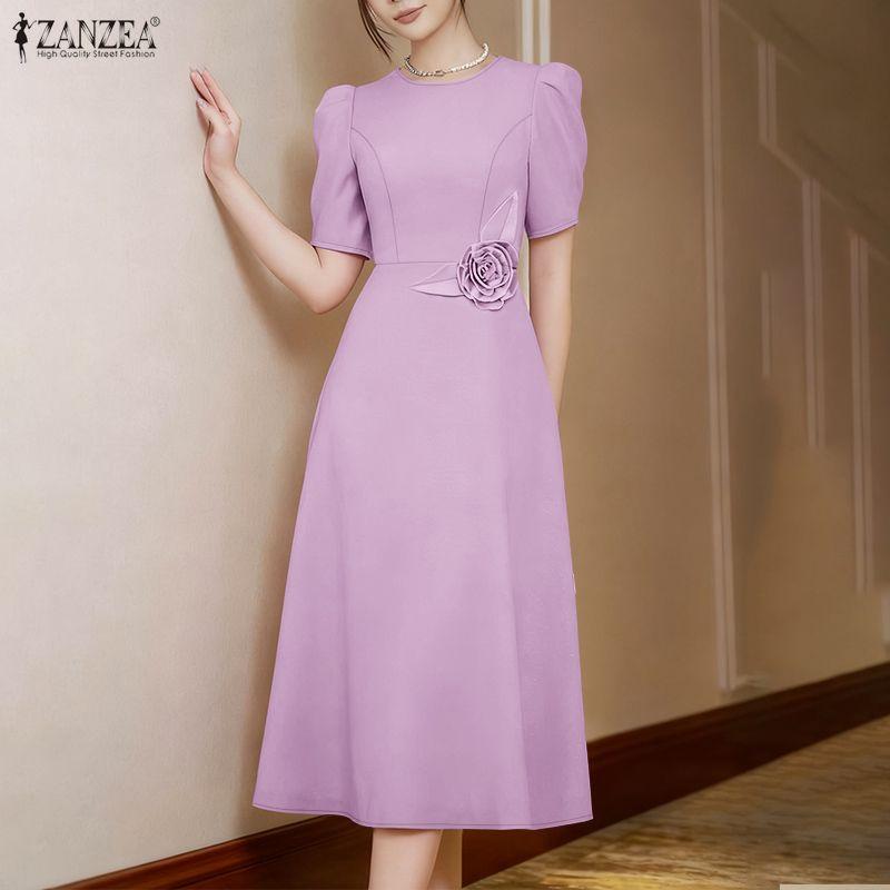 ZANZEA Damska letnia sukienka codzienna z okrągłym dekoltem i krótkim rękawem