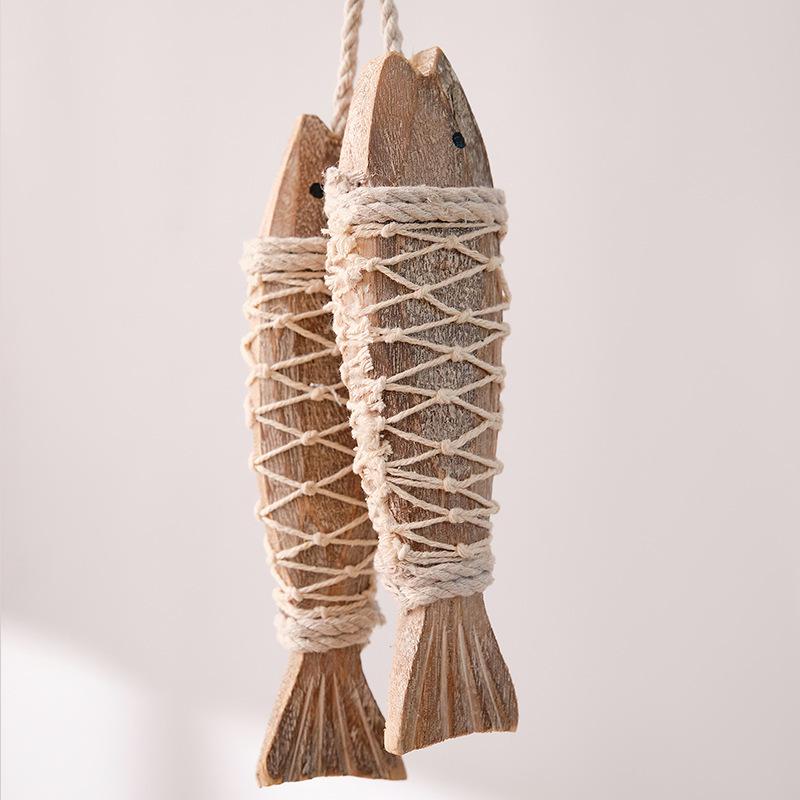 Mediterranean Hand-Carved Wooden Fish with Net Wall Hanging Ornament