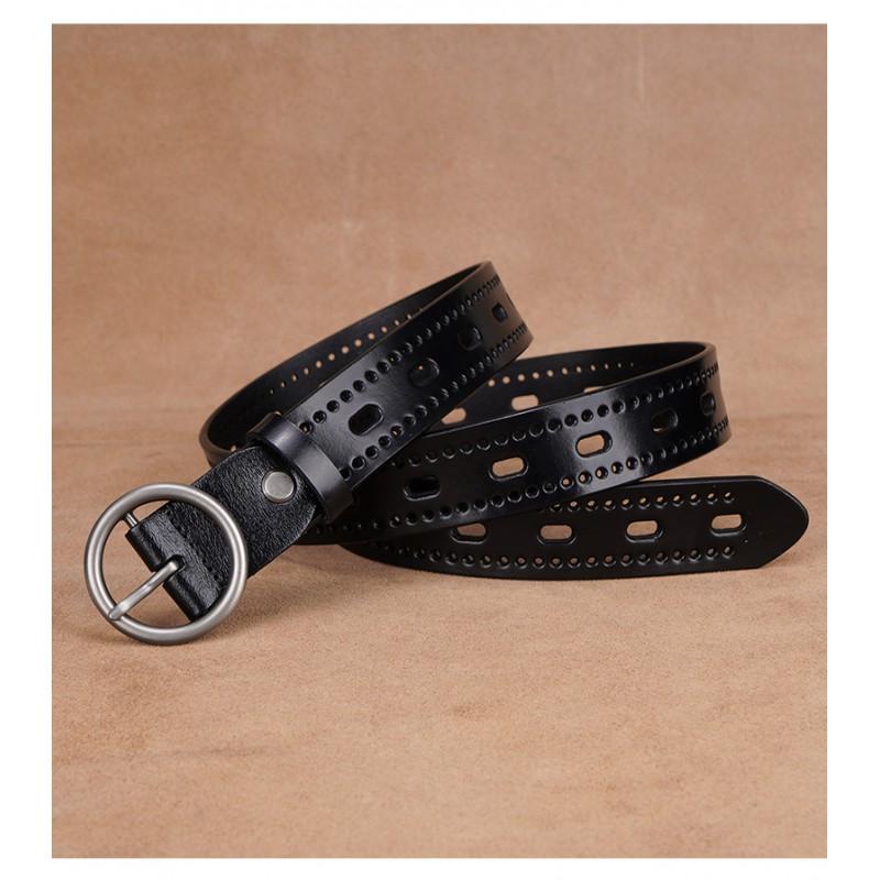 Womens Black Genuine Leather Belt With Hollow Detail Slim Waist Design No-Punch Hole Adjustable Length Jeans Dresses