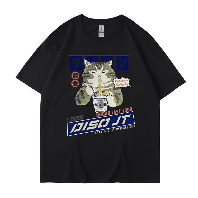 

2026 Private Thinker Cat Cat Eating Noodles Pattern ShortSleeved Mens HipHop TShirt Streetwear S