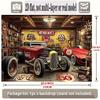 Tapisserie Hot Rod Nostalgique, Garage Rétro avec Roadsters Rouges, Route 66 et Panneaux Vintage Décoration Murale