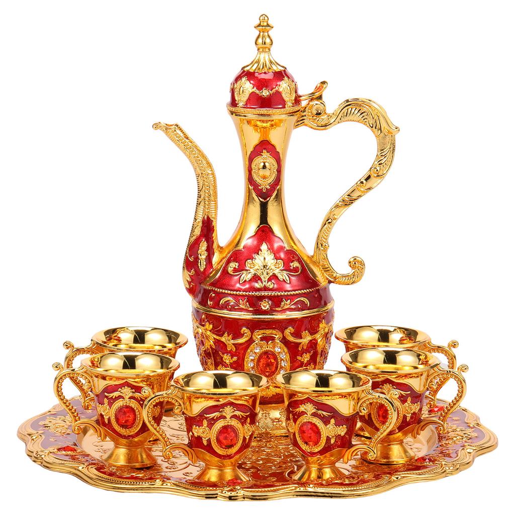 Vintage kovový turecký čajový set se 6 šálky a podnosem na konvici Nádherná turecká kávová konvice Konvice na víno Nápojové nádobí Domácí dekorativní řemesla