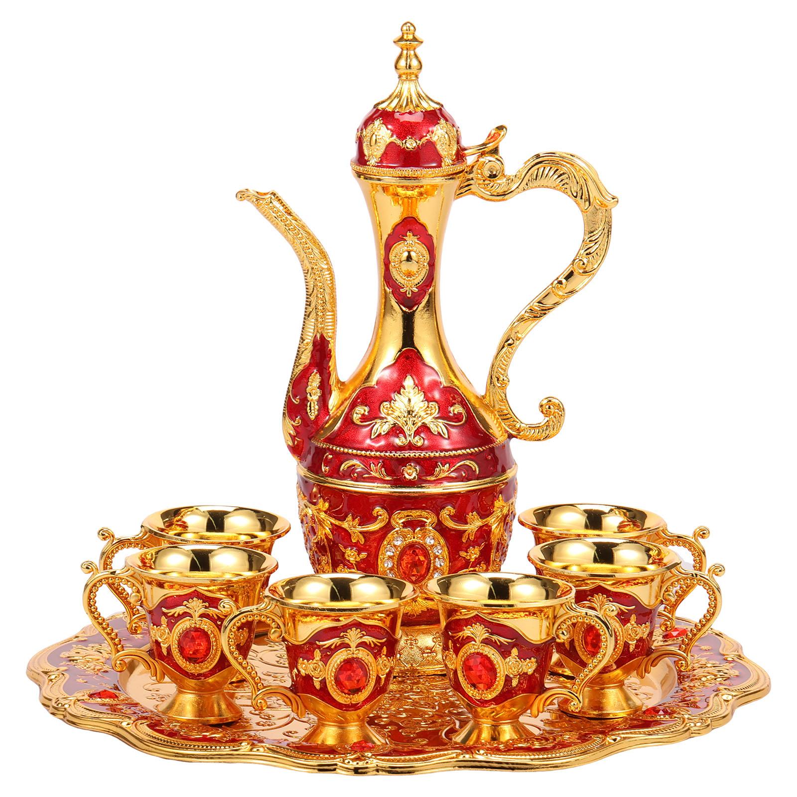 

Vintage Turkish Coffee Set Multi-functional Decorative Teapot Kit with 6 Cups and Trays Exquisite Wine Set for Home Kitchen Bar