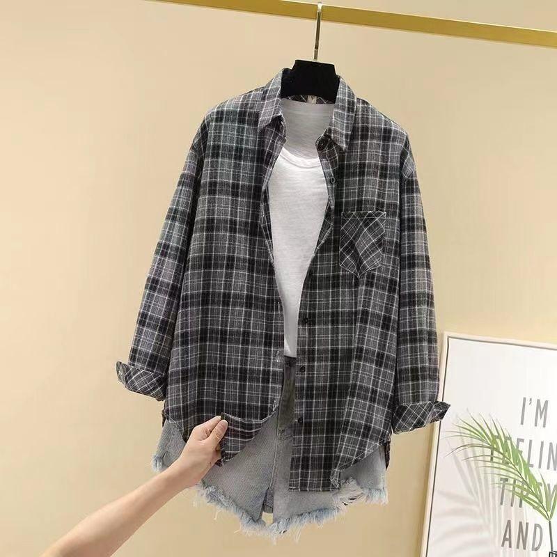 Plaid Shirt Women's Spring and Autumn Korean Version Loose Long-sleeved Brushed Retro Student Shirt Loose Jacket