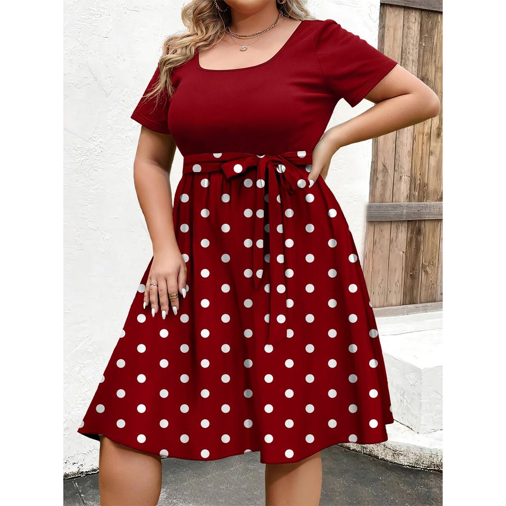 Damen Modisches Und Trendiges Rundhals Kurzarm Kleid Mit Taillenprint In Übergröße