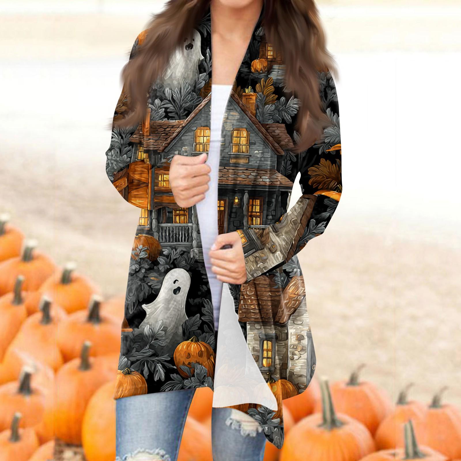

Женская модная повседневная куртка-кардиган средней длины с принтом на Хэллоуин и нерегулярным подолом XXXL