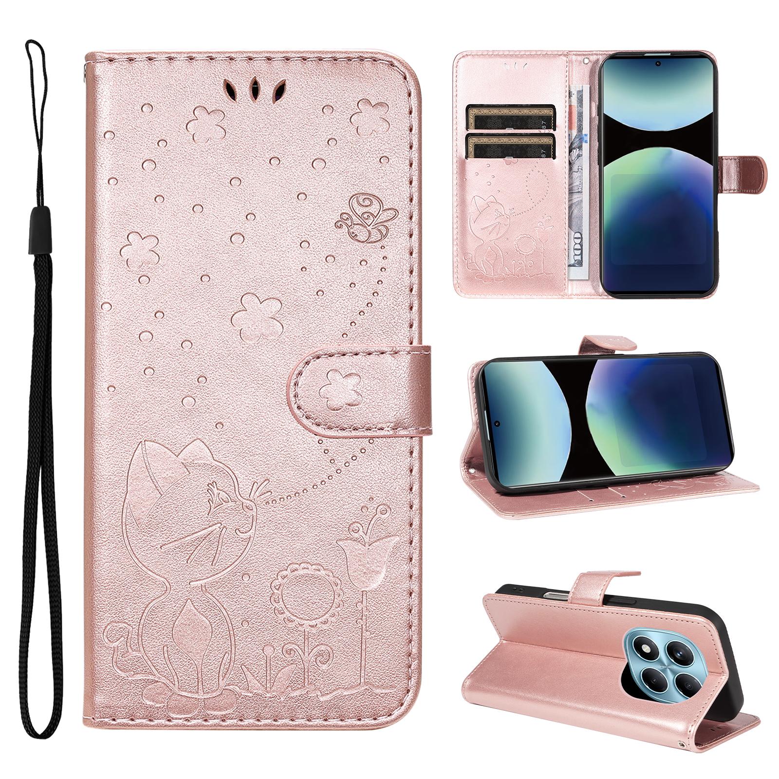 

For Xiaomi Redmi Note 14 Pro 4G Leather Case Cat Bee Pattern Phone Cover Wallet Stand with Strap Rose Gold