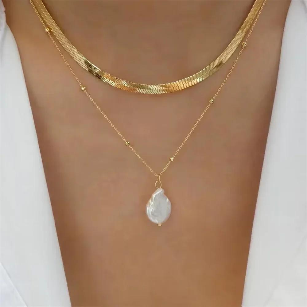Vintage Mode Einfache Vergoldete Schlangenkette Imitation Perlen Anhänger Halskette Für Frauen Weiblich Boho Mehrstufiger Schmuck Geschenk