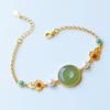 Chinese-Style Fu Lu Ping An Lucky Jade Ring Bracelet with Green Inlay