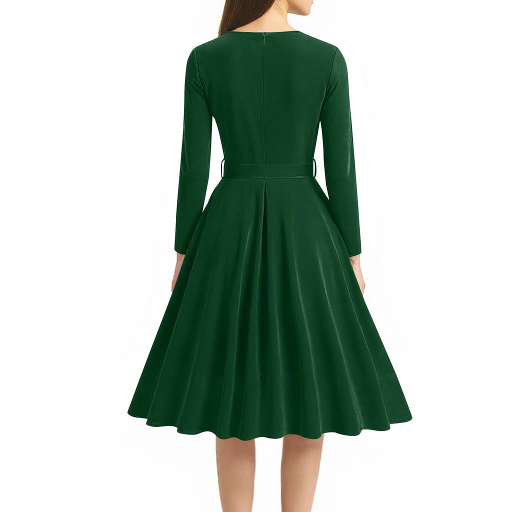 Women's Casual Fashion V-neck Long Sleeved Retro Christmas Print Retro Dress